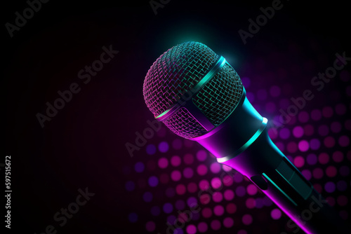Neon black microphone background. Illustration AI Generative.