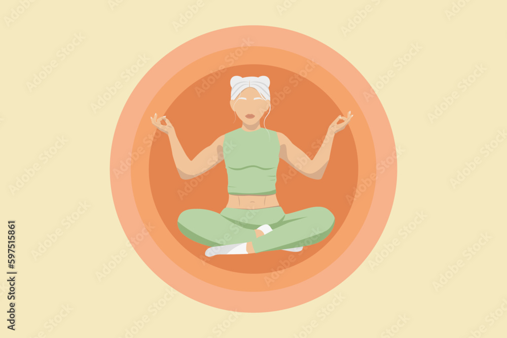 Illustration faceless of a young albino girl with white hair sits in a lotus position and meditates in a yoga class against the background of an orange circle