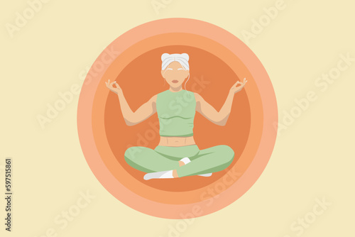 Illustration faceless of a young albino girl with white hair sits in a lotus position and meditates in a yoga class against the background of an orange circle © Hanna Haradzetska