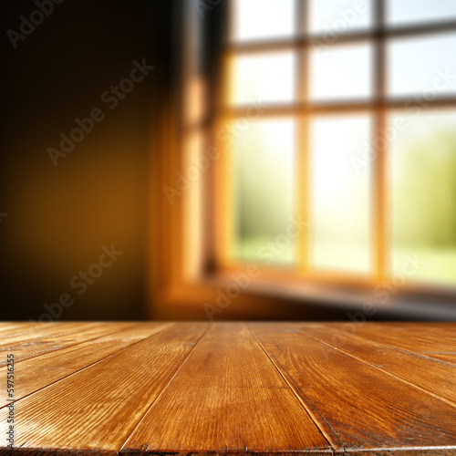 Desk of free space and blurred window background. 