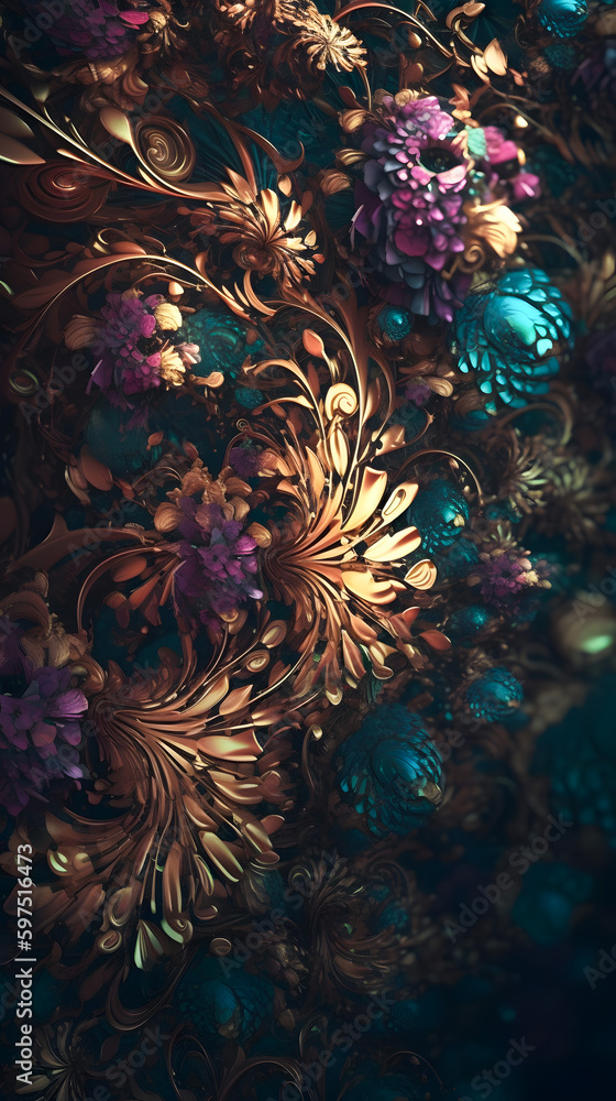 Cyan and gold fantasy flowers and leaves. Abstract Jewelry background for vertical banners Cyan and gold fantasy flowers and leaves. Abstract Jewelry background for vertical banners