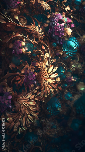 Cyan and gold fantasy flowers and leaves. Abstract Jewelry background for vertical banners