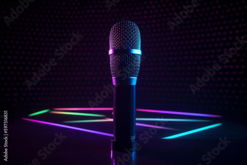 Neon black microphone background. Illustration AI Generative.