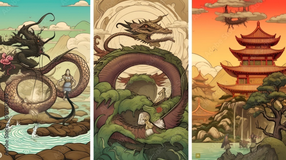 Asian mythology, with dragons, ninjas, and samurai