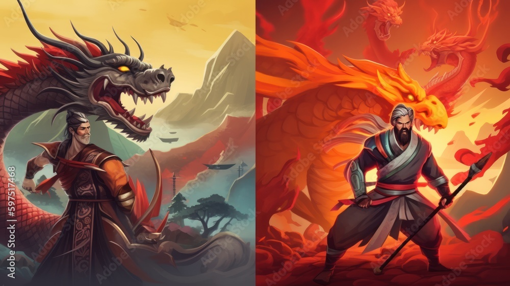 Asian mythology, with dragons, ninjas, and samurai