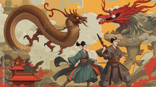 Asian mythology  with dragons  ninjas  and samurai