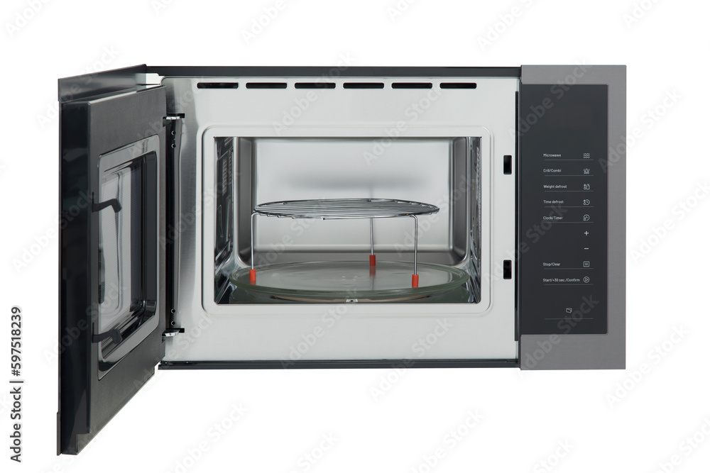 opened modern microwave isolated on white opened modern microwave isolated on white