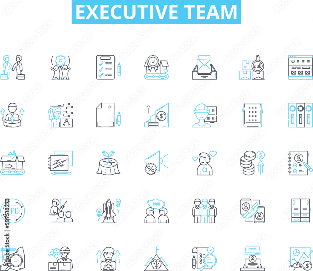 Executive team linear icons set. Leadership, Decision-making, Vision, Strategy, Performance, Accountability, Collaboration line vector and concept signs. Generative AI Executive team linear icons set. Leadership, Decision-making, Vision, Strategy, Performance, Accountability, Collaboration line vector and concept signs. Generative AI