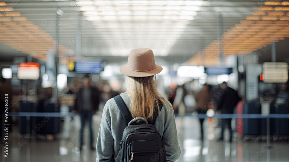Back view of young traveller woman with suitcase standing in airport terminal. Generative AI