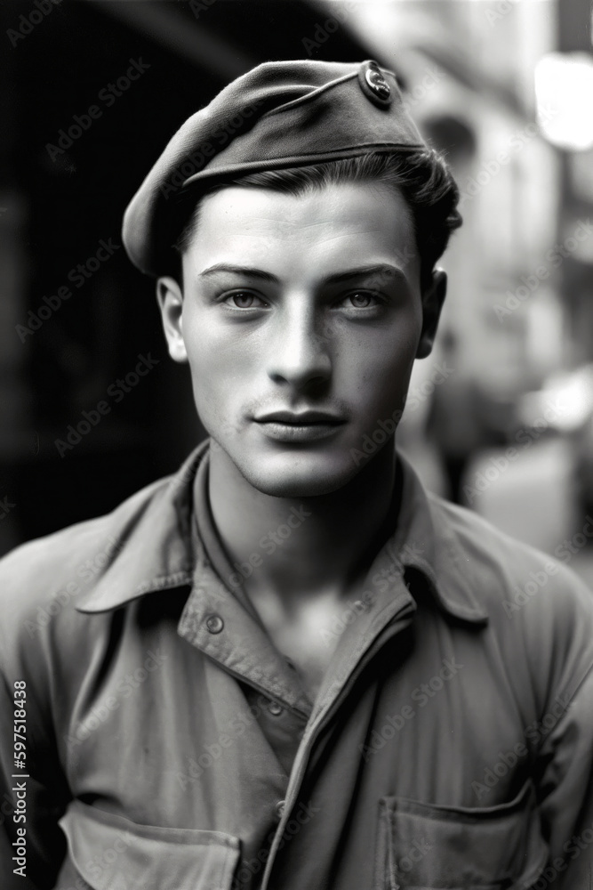 Haunted by battles past, a 19th-century, first and second WW, soldier's eyes bore an empty gaze, his face etched with fear, as he grappled with the weight of war. Generative AI Haunted by battles past, a 19th-century, first and second WW, soldier's eyes bore an empty gaze, his face etched with fear, as he grappled with the weight of war. Generative AI
