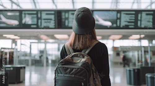 Back view of young traveller woman with suitcase standing in airport terminal. Generative AI