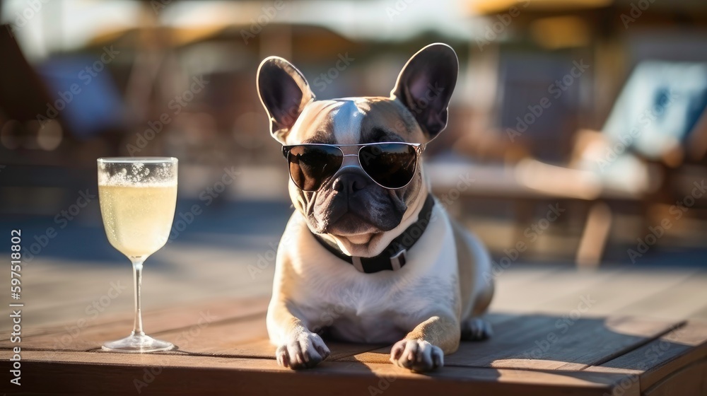 Dog relaxing on a beach chair with a cocktail - generated by AI