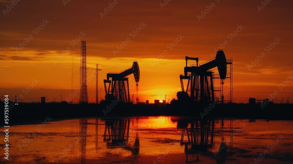 Sunset over an oil field with a plant and a pump jack (AI generated image)