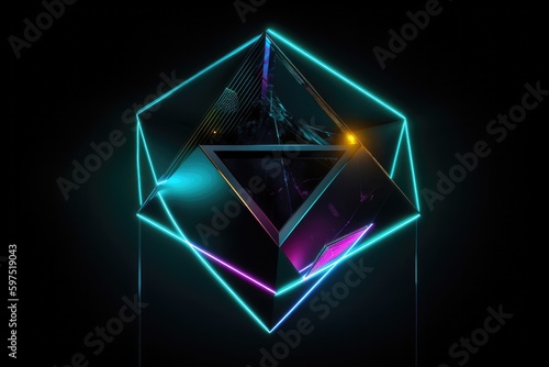 3d illustration of neon icosahedron with a fiery neon core, surrounded by a web of pulsing neon lines and patterns photo