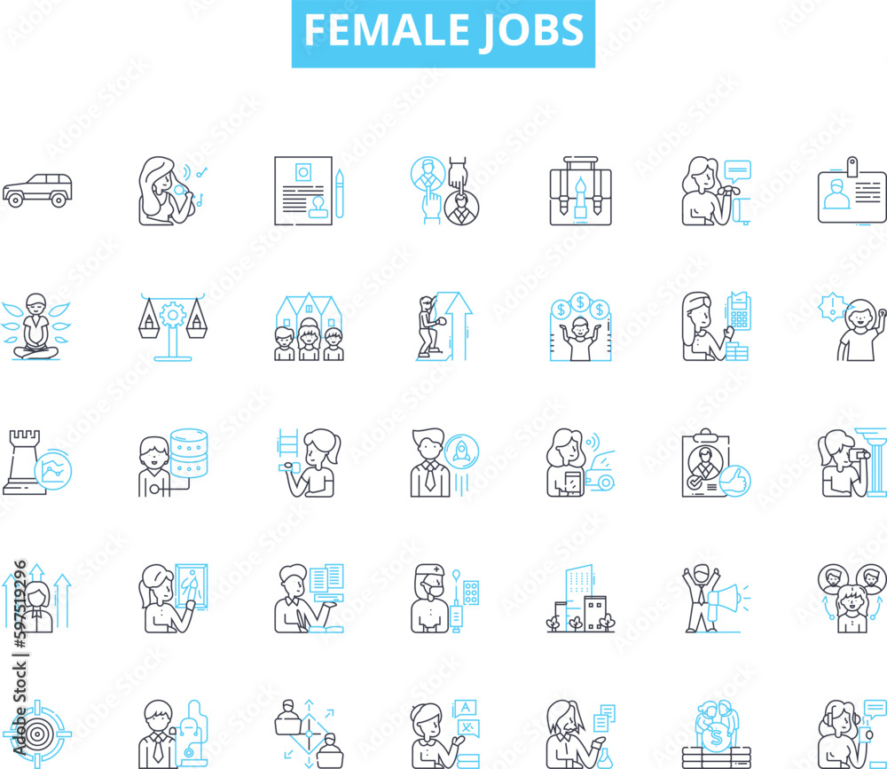 Female jobs linear icons set. Nurse, Teacher, Engineer, Entrepreneur, Scientist, Doctor, Lawyer line vector and concept signs. Graphic designer,Writer,Marketer outline illustrations Generative AI Female jobs linear icons set. Nurse, Teacher, Engineer, Entrepreneur, Scientist, Doctor, Lawyer line vector and concept signs. Graphic designer,Writer,Marketer outline illustrations Generative AI