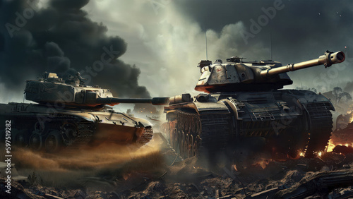 Two tanks on the battlefield. Military conflict