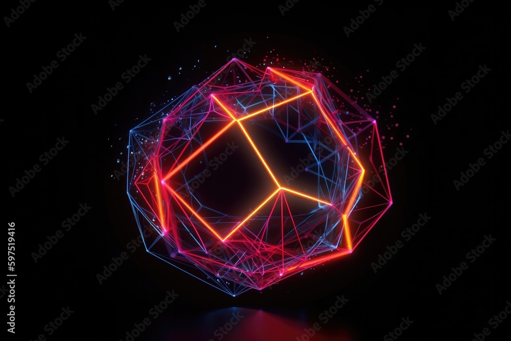 3d illustration of neon icosahedron with a fiery neon core, surrounded by a web of pulsing neon lines 3d illustration of neon icosahedron with a fiery neon core, surrounded by a web of pulsing neon lines