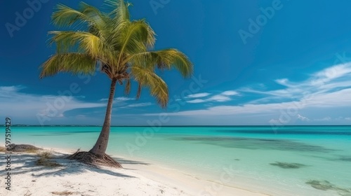 Palm Tree on a Sandy Beach with Ocean View (AI Generated)