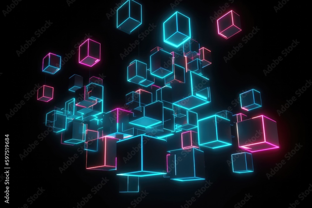 3d illustration neon blue and magenta cubes, each glowing in a different neon hue 3d illustration neon blue and magenta cubes, each glowing in a different neon hue