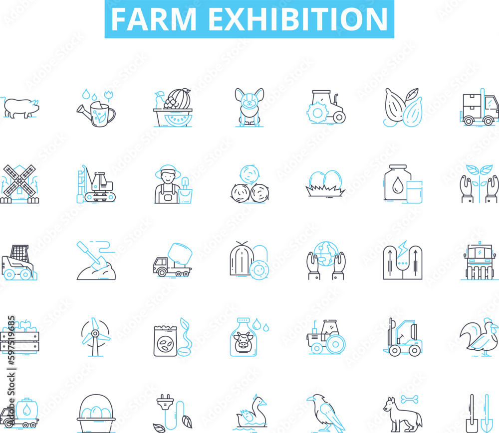Farm exhibition linear icons set. Agriculture, Cattle, Farming, Livestock, Machinery, Tractors, Harvest line vector and concept signs. Crop,Produce,Barn outline illustrations Generative AI