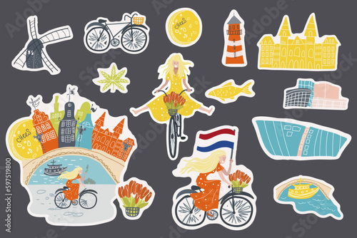 Amsterdam, Holland, Netherlands, hand drawn vector stickers for travel guide, poster, travel booklet, fashion design.