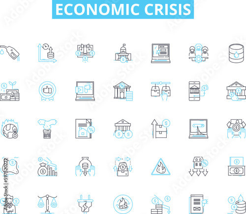 Economic crisis linear icons set. Recession, Depression, Inflation, Deflation, Bankruptcy, Default, Unemployment line vector and concept signs. Poverty,Devaluation,Bailout outline Generative AI