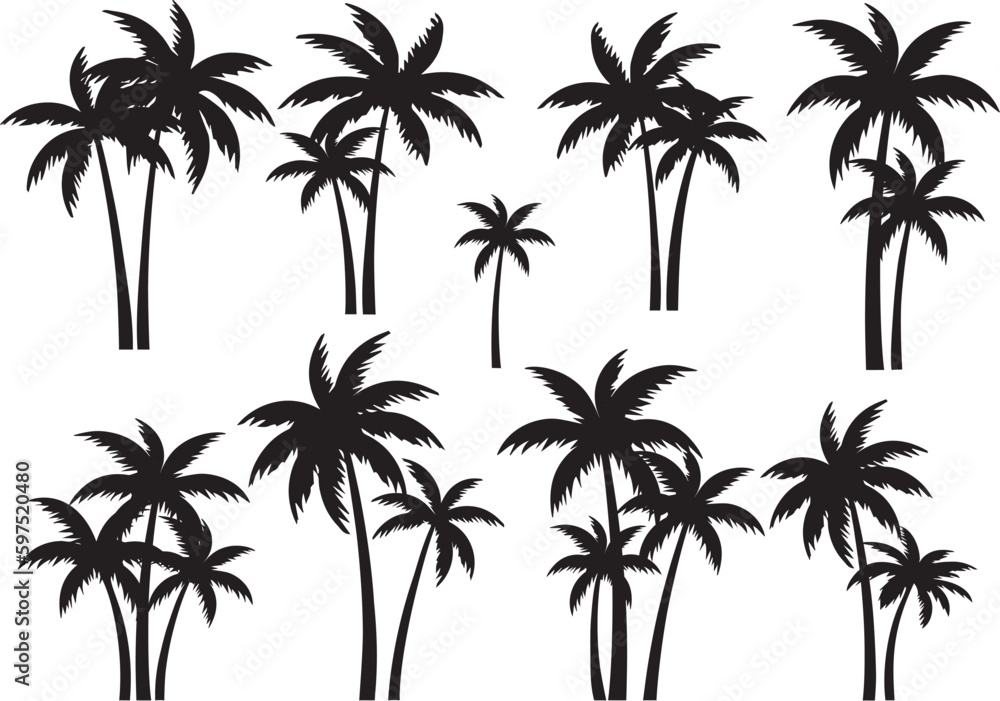 Black palm tree set vector illustration on white background silhouette art black white stock illustration