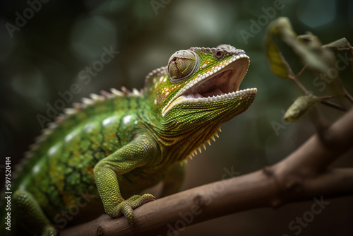 Macro shot of a Chameleon on a branch. Ai generative