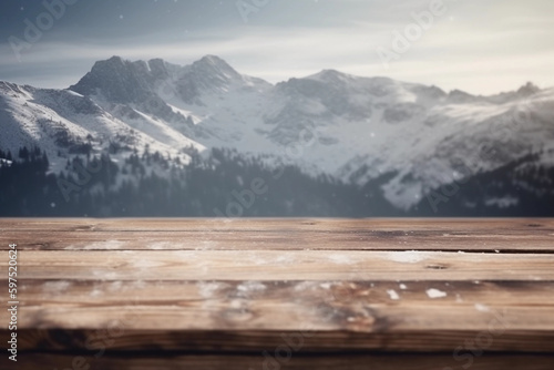 big mountains covered in snow and forest in winter,   blurred background with empty wooden table with free space for product display and mockup, copy space, small depth of field, ai generated © cwiela_CH