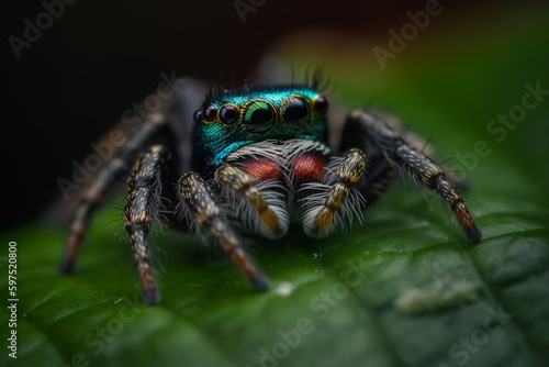 Macro shot of Phidippus regius spider on green leaf. Ai generative