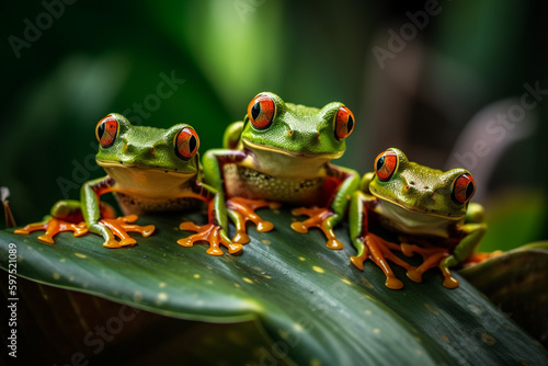 Front view of Javan tree frogs marching through the leaves. Ai generative