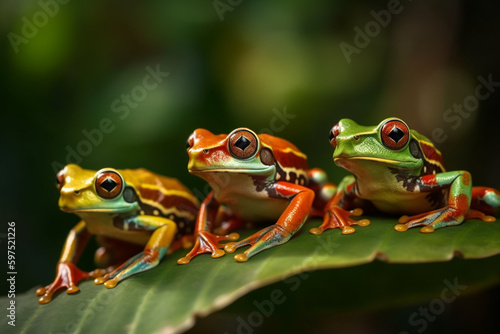 Front view of Javan tree frogs marching through the leaves. Ai generative © mualtry002