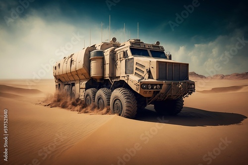 A large military truck in the desert