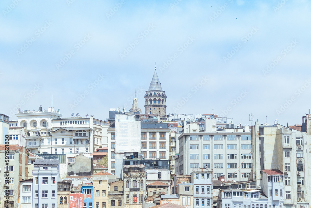Galata tower photo with a clear blue sky, View of İstanbul.  Represent Turkish architectur and culture.