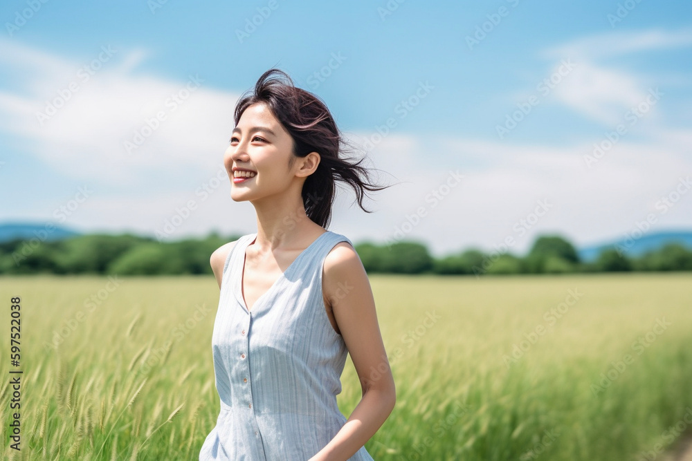 Beautiful young Japanese girl in summer country clothes in the country. The woman is walking through a field and smiling. Happy and free female concept. Generative AI Beautiful young Japanese girl in summer country clothes in the country. The woman is walking through a field and smiling. Happy and free female concept. Generative AI