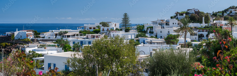 Fototapeta premium The town of San Pietro on Panareas island / The town of San Pietro on the island of Panareas, one of the Aeolian Islands, Italy.