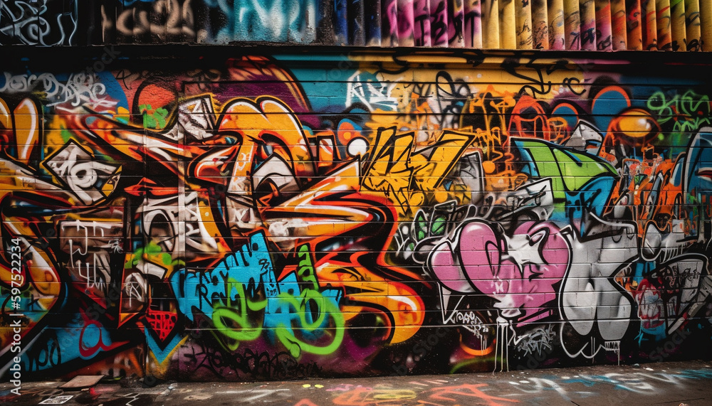 Vibrant colors illuminate chaotic city street graffiti generated by AI