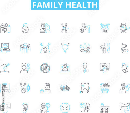 Family health linear icons set. Nutrition, Exercise, Hygiene, Sleep, Vaccines, Prevention, Medicine line vector and concept signs. Checkups,Therapy,Diagnosis outline illustrations Generative AI