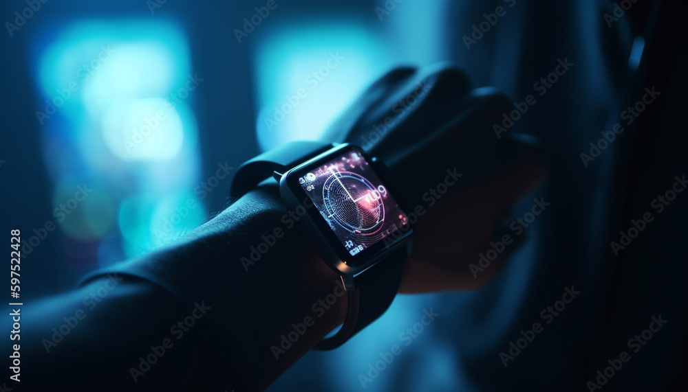 Businessman holding smart watch, checking time indoors generated by AI Businessman holding smart watch, checking time indoors generated by AI