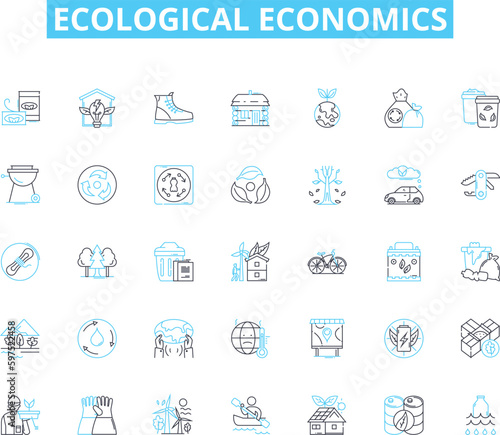 Ecological economics linear icons set. Sustainability, Environment, Economy, Resources, Climate, Systems, Policy line vector and concept signs. Conservation,Ecosystems,Degrowth outline Generative AI