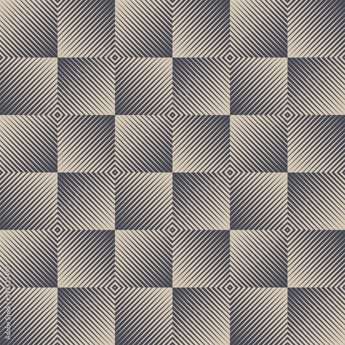 Squares with Hatching Seamless Pattern Op Art Psychedelic Geometric Abstract Background. Optical Illusion Repetitive Graphic Wallpaper. Striped Halftone Art Checkered Structure Continuous Abstraction