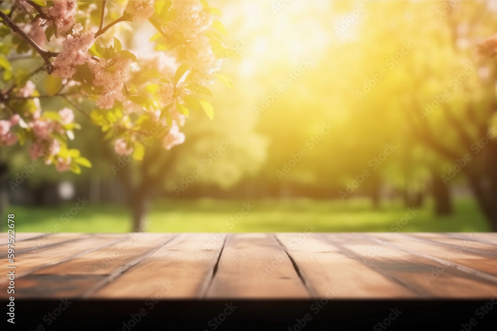 Summer garden with flowering tree and blurred background with empty ...