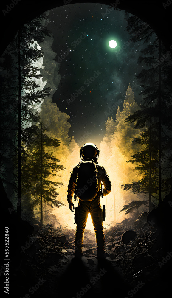 Astronaut in forest at night