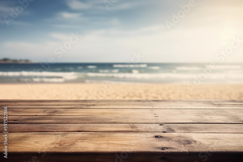 sea and beach with palms during sunset, blurred background with empty wooden table with free space for product display and mockup, copy space, small depth of field, ai generated – human enhanced