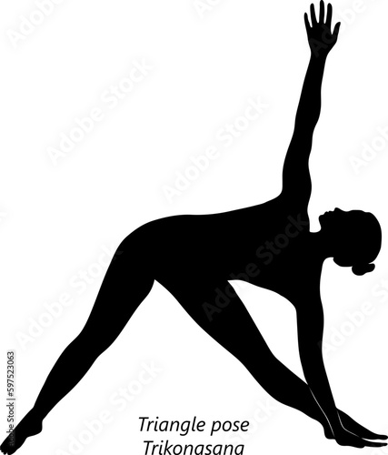 Flat black silhouette of young woman practicing yoga, doing Triangle pose or Trikonasana. Standing and Lateral Bend. Beginner. Vector illustration isolated on transparent background.