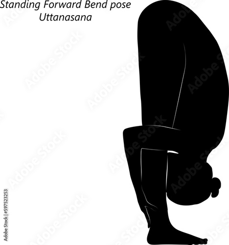 Flat black silhouette of young woman practicing yoga, doing Standing Forward Bend pose or Uttanasana. Standing and Forward Bend. Beginner. Vector illustration isolated on transparent background.