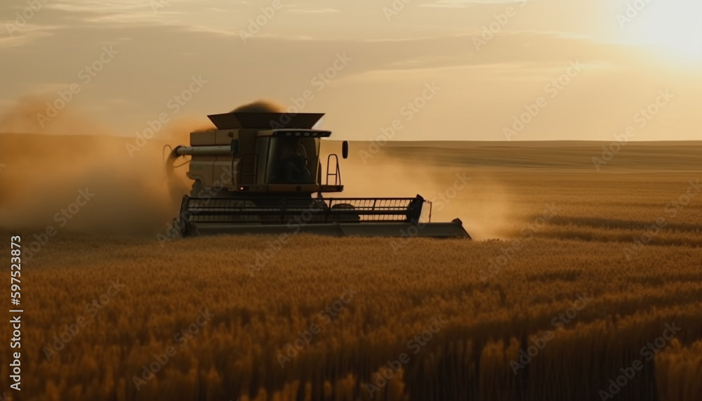 Fototapeta premium Ripe wheat harvested at sunset with machinery generated by AI