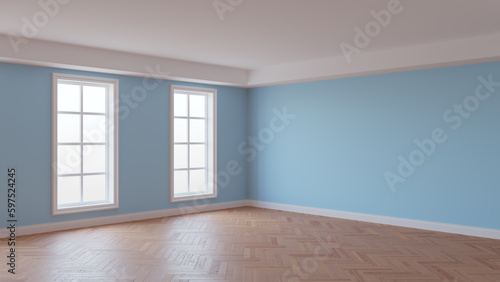 Light Blue Room with a White Ceiling and Cornice, Glossy Herringbone Parquet Floor, Two Large Windows and a White Plinth. Unfurnished Interior Concept. 3D illustration. 8K Ultra HD, 7680x4320, 300 dpi