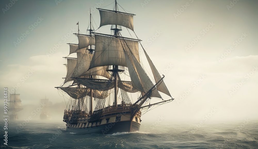 Old sailing ship floats through the sea. Generative AI 
