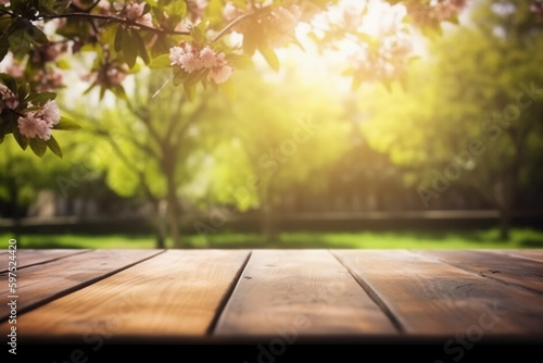 Summer garden with flowering tree and blurred background with empty wooden table with free space for product display and mockup  copy space  small depth of field  ai generated     human enhanced